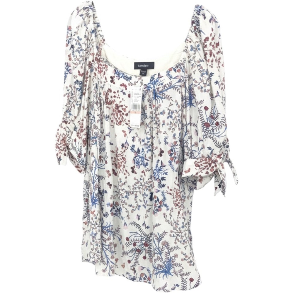 Karen Kane Square Neck Top Women 2X White Floral Butterfly Boho Tassel Peasant